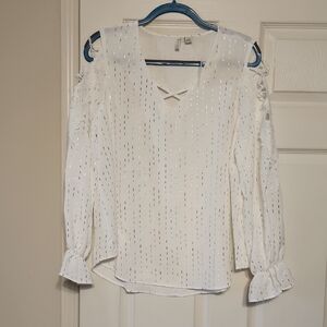 Cato White Cold Shoulder Blouse with Silver Accents